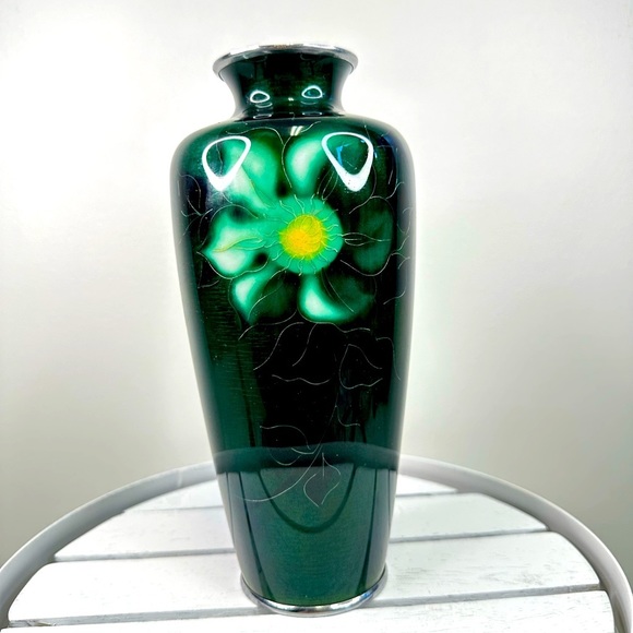 Antique Other - Antique Ando Cloisonne Lily Flower Japanese Ginbari Silver Wire 9” Green Vase